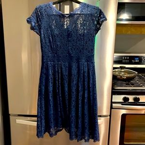 Owin FLORAL LACE Dress XL BLUE LINED Stretch SHORT SLEEVES V Neck Zip Up A LINE
